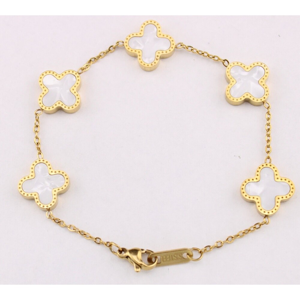 Gold-Over Stainless-Steel MOP Mother of Pearl Clover 🌸Flower 7.25" Bracelet
